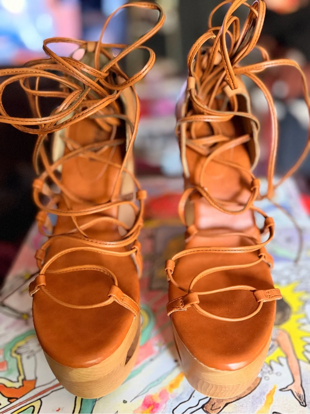 Jeffrey Campbell Tan BLAZE-UP Lace-Up Platform Wooden Wedge